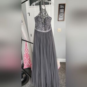 Sherri Hill Charcoal Beaded Halter Evening Dress